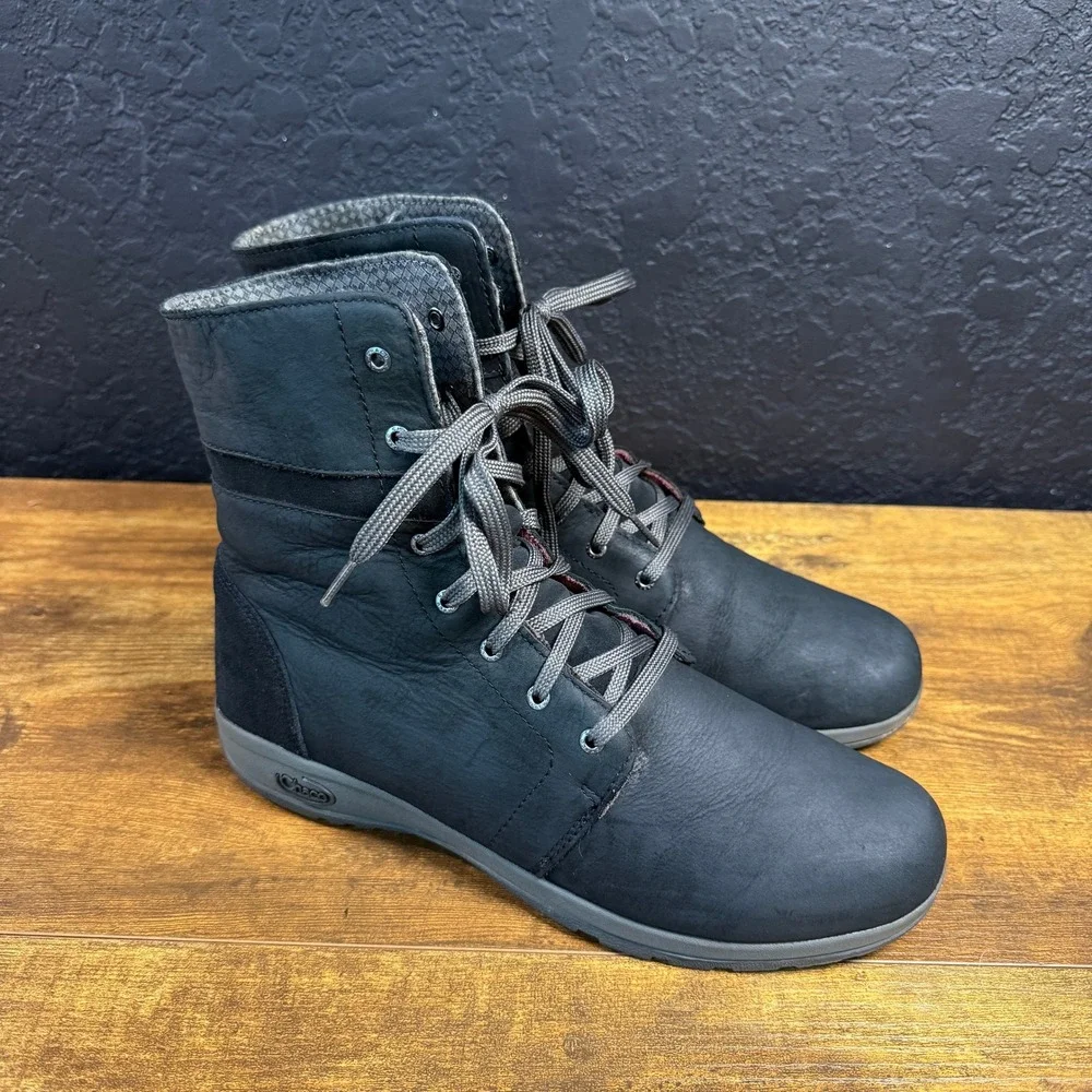 Chaco Natilly J150164 Black Leather Lace Up Ankle Boots Womens Size 9